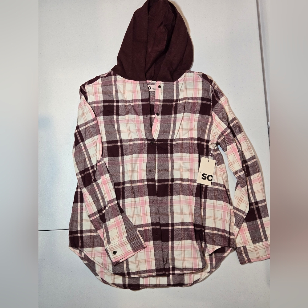 SO Pink and Brown Plaid Button Down Shirt with Hood